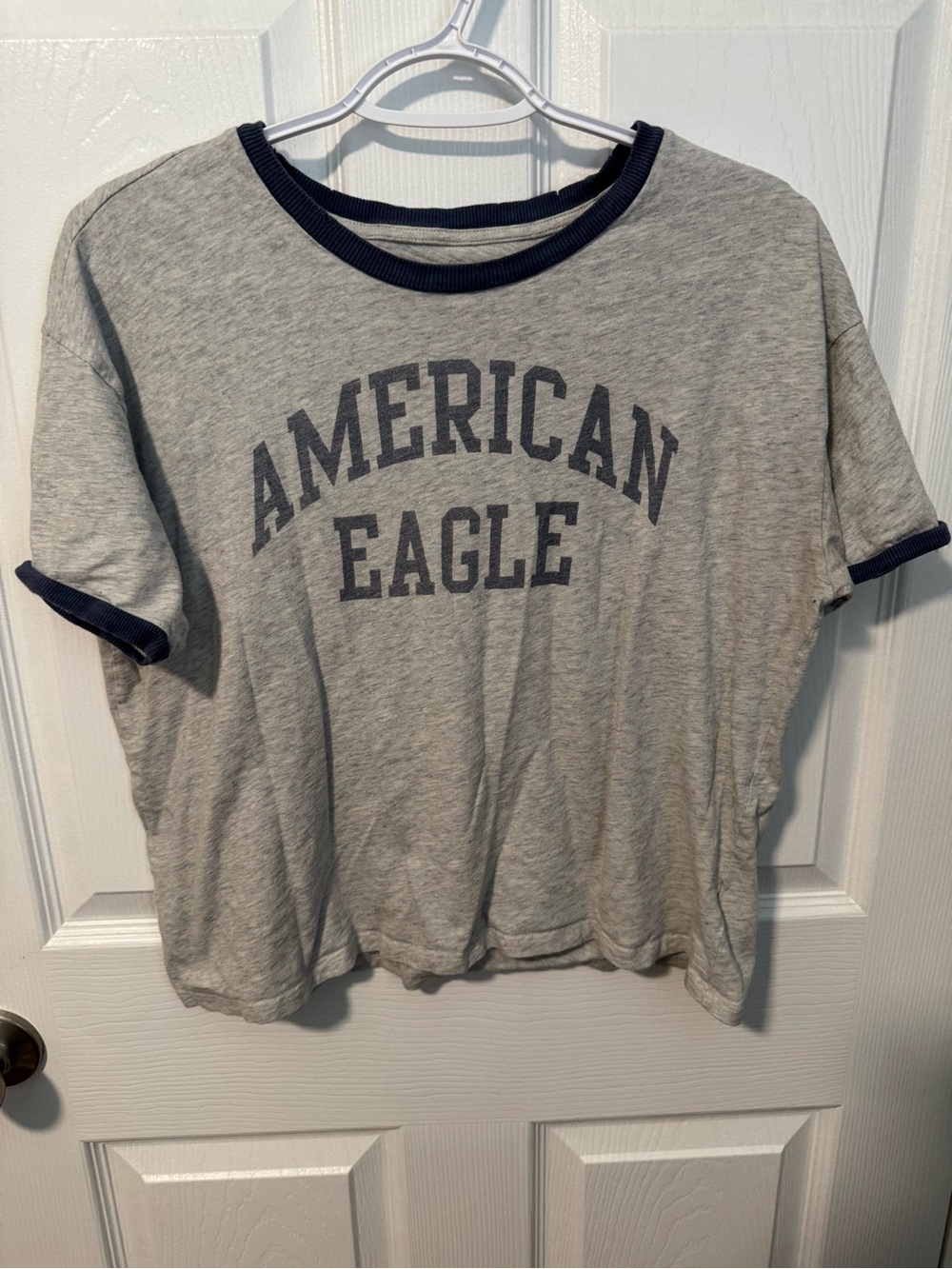 American Eagle Outfitters Gray Tee with Navy Trim